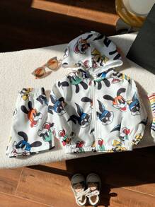 SHEIN 2 Pieces Set Baby Boy Cute Cartoon Pattern Hoodie Jacket And Shorts Casual Holiday Outfit, Spring & Summer