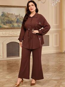 Mulvari 2pcs/Set Women Plus Size Rhinestone Floral Print Long Sleeve Shirt And Pants Suit - Brown - View 5