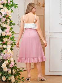 Teen Girl Summer Casual Elegant Adjustable Strap Dress With Asymmetrical Ruffle Hem And Belt - Pink - View 2