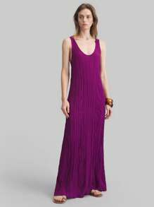 Ontre Purple Bohemian V-Neck Asymmetrical Pleated Loose Sleeveless Dress For Women, Summer - Red Violet - View 7