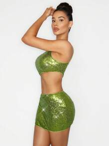 Zolique Green Sequin Asymmetric Shoulder Design Crop Top And Ultra-Short Mini Skirt Sexy 2 Pieces Outfit - Green - View 3