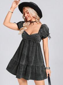 Wildy Summer Western Rave Outfit Concert Outfit Women Women's Summer Puff Sleeve Square Neck Fitted Washed Denim Short Skater Dress