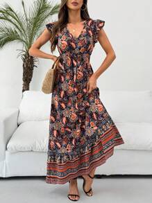 SHEIN LUNE Cap Sleeve Shirred Waist Drawstring Ruffle Hem A-Line Dress, Print Casual Vacation Elegant Daily Wear For Women