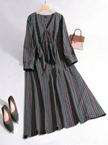 Mulvari Plus Size Simple Casual Long Sleeve Dress For Everyday Wear - Multicolor - View 1