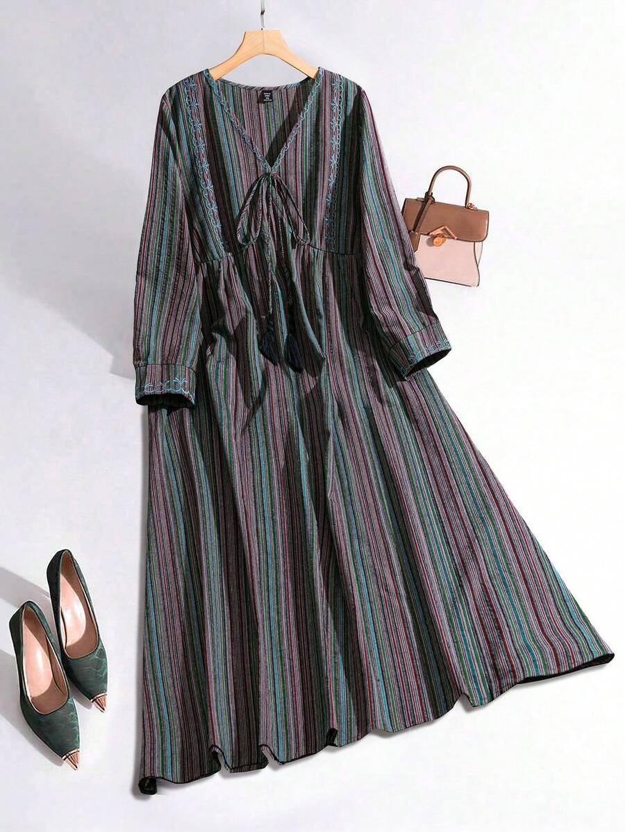 Mulvari Plus Size Simple Casual Long Sleeve Dress For Everyday Wear - Multicolor - View 1