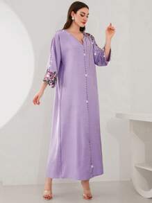 Al Najma 不对称紫红色长袍，带刺绣细节，珠饰和缺口 V 领，优雅晚会长裙，端庄 - 淡紫色 - 查看 4