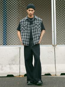 AXEPEAK Men's Plaid Loose Woven Casual Shirt, Simple & Fashionable, Daily Wear, Streetwear Edition - Black - View 1