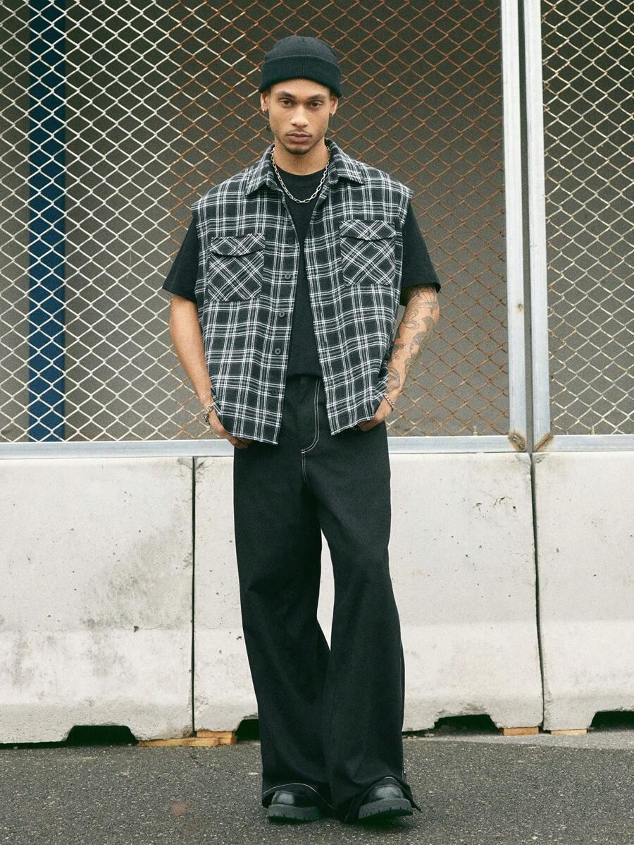 AXEPEAK Men's Plaid Loose Woven Casual Shirt, Simple & Fashionable, Daily Wear, Streetwear Edition - Black - View 1