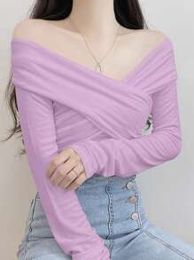 DAZY Plain Long Sleeve T-Shirt, Casual Simple Style For Everyday Wear,Fall Clothes Off Shoulder Top Cute Tops - Purple - View 2