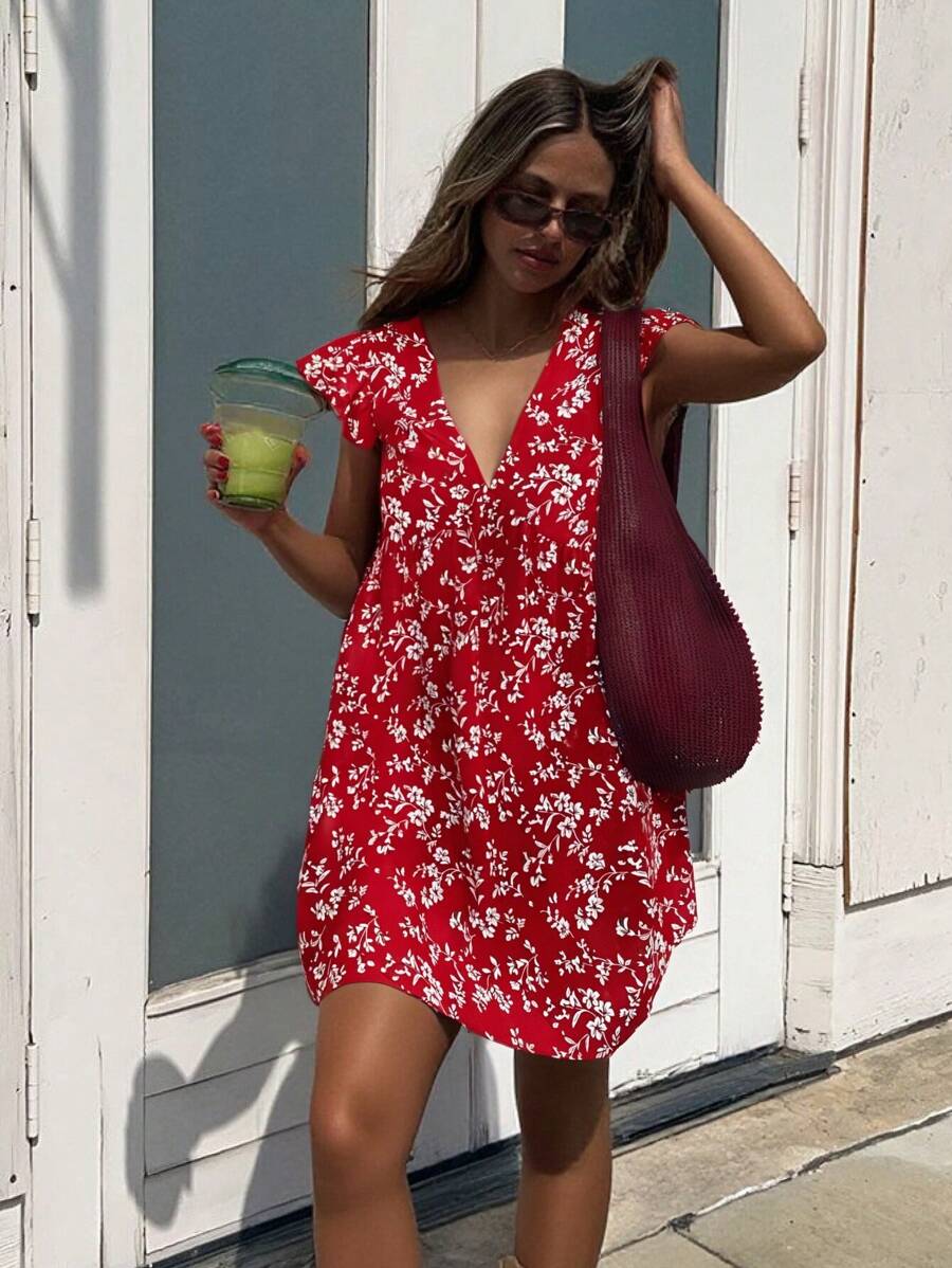 SHEIN Frenchy 女士简约休闲日常短裙 - 紅色 - 查看 1