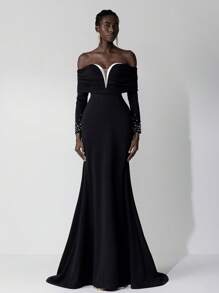 Elitara Elegante vestido de Body ceñido con volantes y escote en V, de manga larga, elástico, con cola de pez, adecuado para invitados de boda, fiestas de solteros, vacaciones, bailes, galas de noche, fiestas, vestido formal