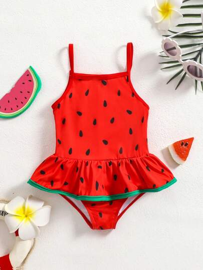 SHEIN Traje de baño de una pieza con estampado de sandía para bebé niña, ideal para vacaciones en la playa