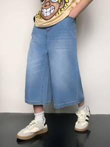 SHEIN Tween Boy Fashion Casual Simple Base Loose And Crisp Lyocell Slim And Comfortable Seven-Point Denim Boy Shorts For Boy Soft Dailywear And Kids Summer Clothes