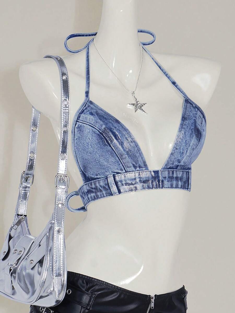 SHEIN ICON 女士休闲露背牛仔 Y2K 性感短款女式银箔印花上衣，简约时尚，适合春夏海滩日常穿着 - 中等水洗藍 - 查看 1