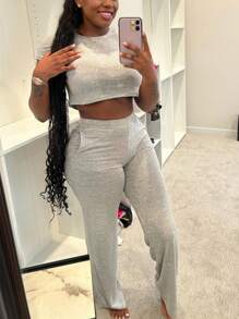 INAWLY 2pcs/Set Women Plain Round Neck Short Sleeve Cropped T-Shirt And Flared Pants Casual Outfit