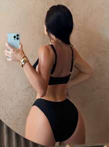 Swim SXY 常规女士纯色钢圈休闲两件套吊带比基尼套装，春假夏季海滩度假装，节日波西米亚风 - 黑色 - 查看 2