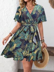 Breezaya Vestido con estampado dálmata, mangas mariposa, volantes, borde envolvente con cinturón para vacaciones y playa para mujeres