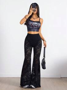 Coolane Pantalones acampanados con encaje retro sexy para mujer, ideal para primavera - Negro - Ver 2