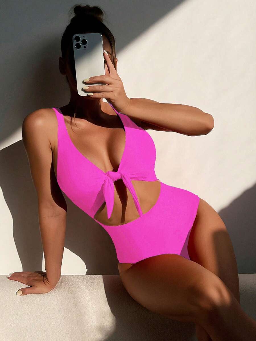 Swim Vcay Áo tắm liền thân không tay màu hồng fuchsia thanh lịch, cạp cao, dây đeo điều chỉnh được, màu trơn, dành cho nữ, mùa xuân/hè 2026. - Màu Hồng Tươi - Xem 1