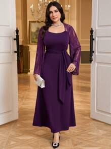Modelyn Plus Size Lace Patchwork Long Sleeve Elegant Dress - Purple - View 5