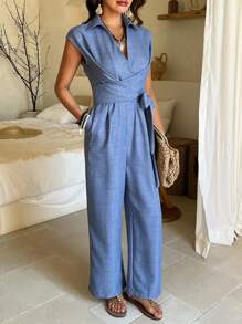 Livesso Semesteraffärsmässig avslappnad V-ringad jumpsuit för kvinnor med vriden, midjeböjd design, raka benjumpbyxor för kvinnor - Blå - Visa 4