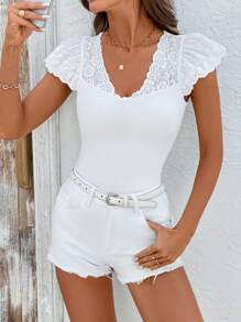 SHEIN Clasi Women's Summer V-Neck T-Shirt With Front Cutout & Cap Sleeves, Mix Of Plain Knit And Lace Fabrics, Fitted Silhouette, & Versatile
