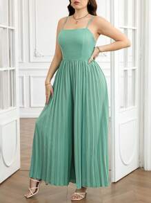 SHEIN Clasi Plus Size Women's Green Solid Color Sleeveless Suspender Waist Pleated Loose Fashion Wide Leg Jumpsuit Pants,Summer Outfits For Women - Green - View 6