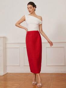 Chiquease Chân váy xẻ tà cạp cao thanh lịch với khóa kéo, kiểu dáng đơn giản và dễ phối đồ, màu đỏ sang trọng, ôm sát cơ thể, thích hợp cho mùa thu. - Đỏ - Xem 6