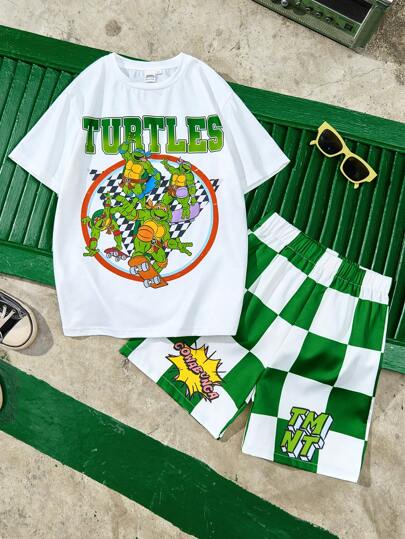 TEENAGE MUTANT NINJA TURTLES | SHEIN Tween-Jungen Lockeres Drop-Shoulder T-Shirt mit Rundhalsausschnitt und Shorts mit Schachbrett- und Cartoon-Schildkröten-Print, 2-teiliges Set