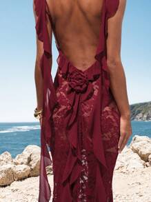 Opulessa Burgundy Summer Elegant Vacation Holiday Outfits Woman Beach Bohemian Boho Festival Wedding Party Formal Bridesmaid Birthday Ladies' Lace Dress - Burgundy - View 4