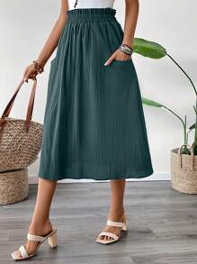EMERY ROSE Women's Solid Color Frill Trim Waist Pocket Casual Skirt - Green - View 4