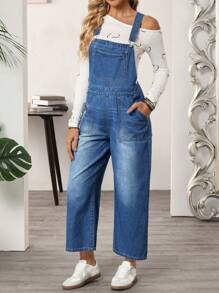 SHEIN LUNE Loose Casual Button Pockets Washed Denim Bib Pants - Blue - View 6