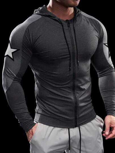 Manfinity Sport Corelite 男式撞色星星印花抽绳连帽运动夹克抽绳健身肌肉修身连帽运动夹克