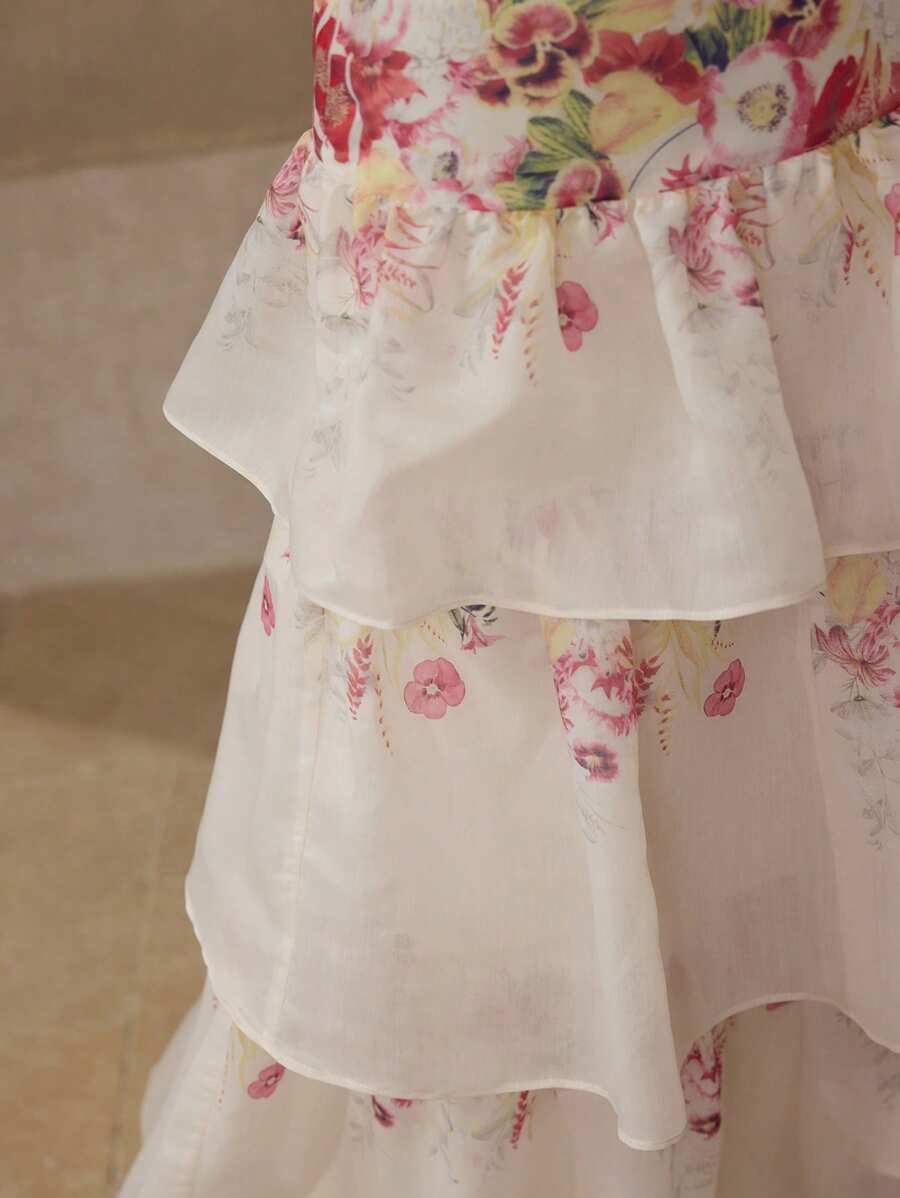 MOTF 花卉印花荷叶边层叠半身裙 - 杏色 - 查看 2