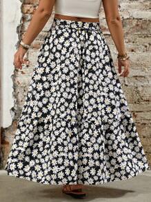 SHEIN LUNE Plus Size Casual Daisy Floral Print A-Line Long Skirt Fall Cloth For Women - Black - View 2