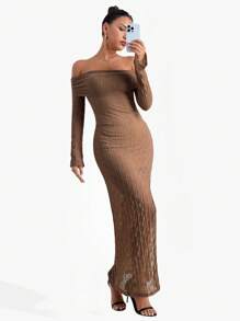 SHEIN Clasi 米色纹理针织露肩优雅修身长开叉连衣裙女式夏季服装女式连衣裙优雅性感女式连衣裙春季连衣裙 - 卡其色 - 查看 3