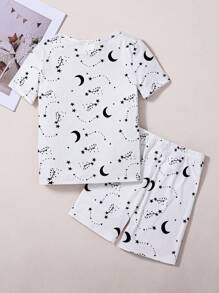 2pcs/Set Toddler Boys Casual Star & Moon Print Short Sleeve T-Shirt And Shorts Snug Fit Pajama Set Tight Fit Pajama","Tight Fit" Pj Sets For Kids Young Boys Tops