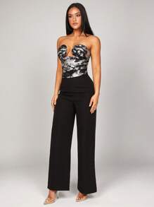 Silquee Women's Women's Elegant And Gorgeous Autumn And Winter Party Suitable For Slim Halloween Black Bottom Gold Print Sexy Pleated Tube Top