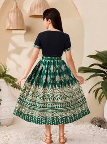 2pcs/Set Tween Girl' Gold Foil Pleated Maxi Dress + Short Puff Sleeve Top, Traditional Ramadan Outfit - Green - View 2