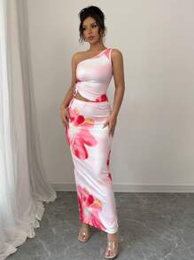 Elenzga 2pcs/Set Floral Print Shoulder Top & Hollowed Waist Skirt