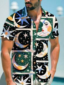 Manfinity Dauomo Men's Casual Star & Moon Print Short Sleeve Shirt, Summer - Multicolor - View 1