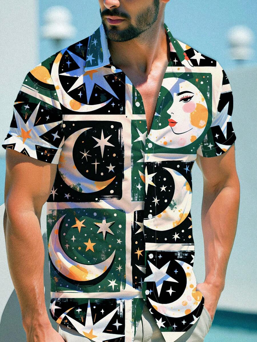 Manfinity Dauomo Men's Casual Star & Moon Print Short Sleeve Shirt, Summer - Multicolor - View 1