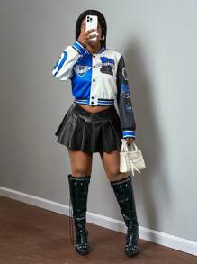 Slaydiva Chaqueta informal de estilo béisbol con estampado de logotipo y eslogan en verde, blanco y negro para mujer, apropiada para otoño e invierno