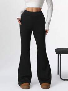 SHEIN Tall CURVE 大码纯色喇叭裤，带保暖内衬，休闲，秋冬 - 黑色 - 查看 5