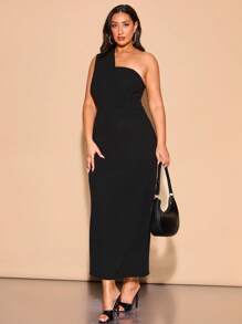 SHEIN BAE Plus Size Women's Elegant Asymmetric One-Shoulder Long Black Dress, Sexy, Formal Occasion, Bridesmaid, Graduation, Spring/Summer,Birthday Dresses For Women
