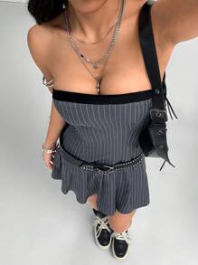 SHEIN EZwear Women's Spring/Summer Y2K Streetwear Date Night Striped Patchwork Pleated Dress - Multicolor - View 1