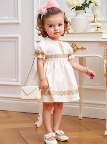 Baby Girl Summer New Solid Color Casual Lace Patchwork Dress - White - View 1