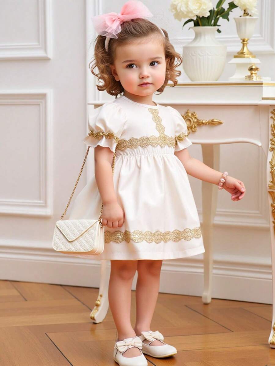Baby Girl Summer New Solid Color Casual Lace Patchwork Dress - White - View 1