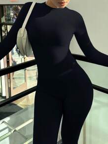 Mono de mujer de manga larga de un solo color con silueta ajustada - Negro - Ver 3
