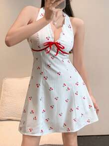 DAZY Vestido ajustado de playa con estampado de cerezas para mujer, vestido corto de verano con cuello halter, espalda descubierta, colorblock, moño, nudo y estampado floral para crucero y paseos